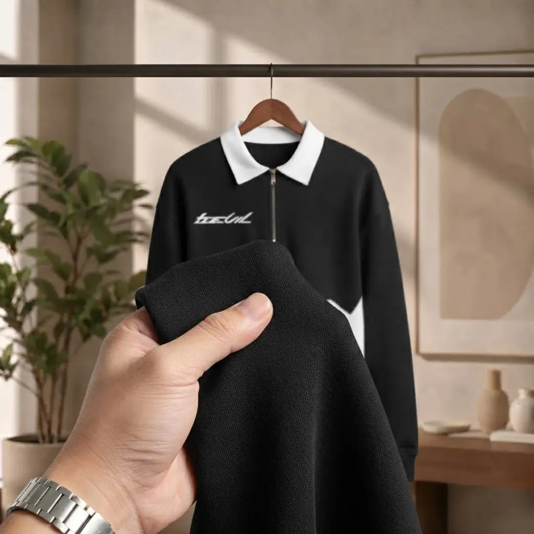 Men's Black and White Quarter-Zip Sweatshirt with Graphic