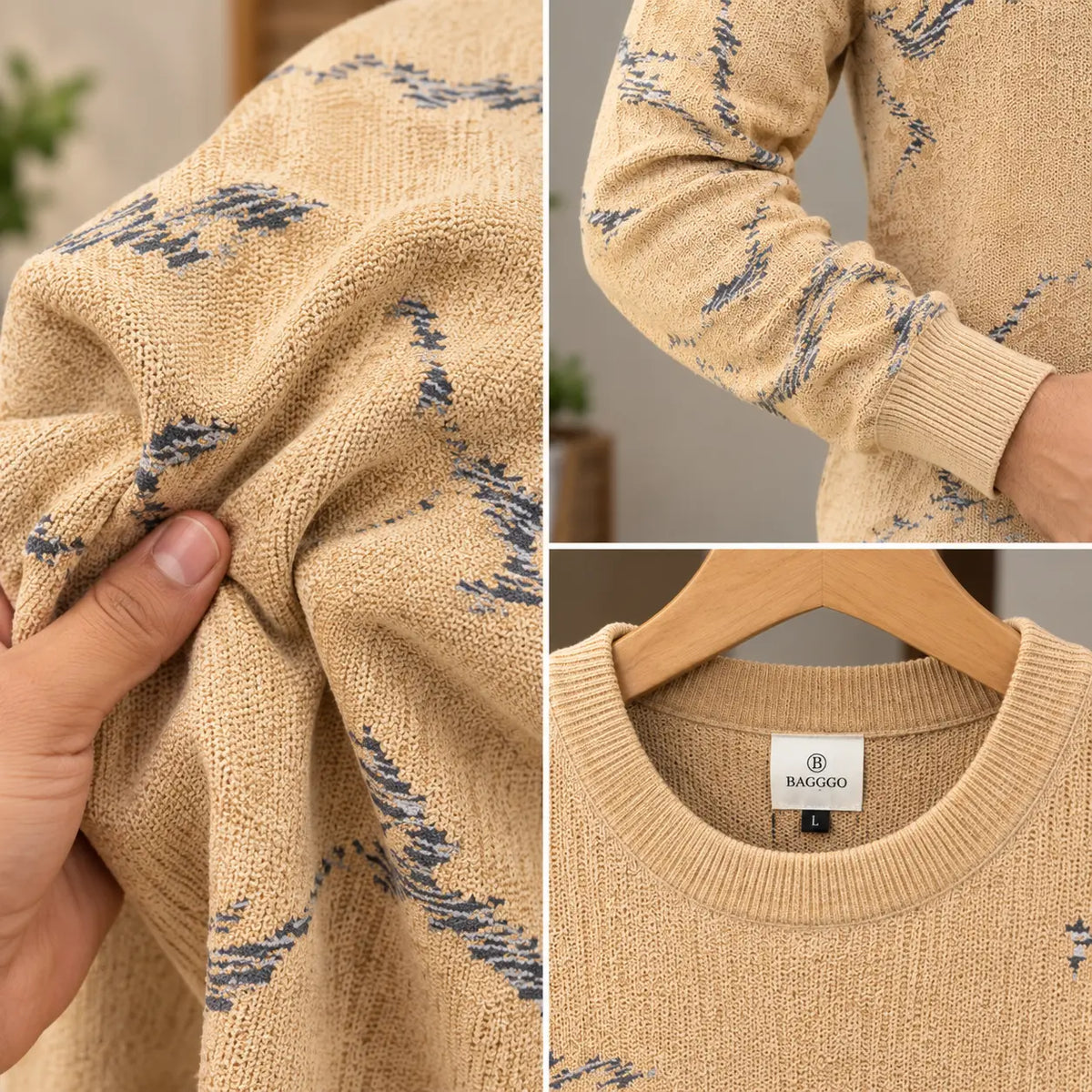Men’s Beige Printed Crew Neck Sweater