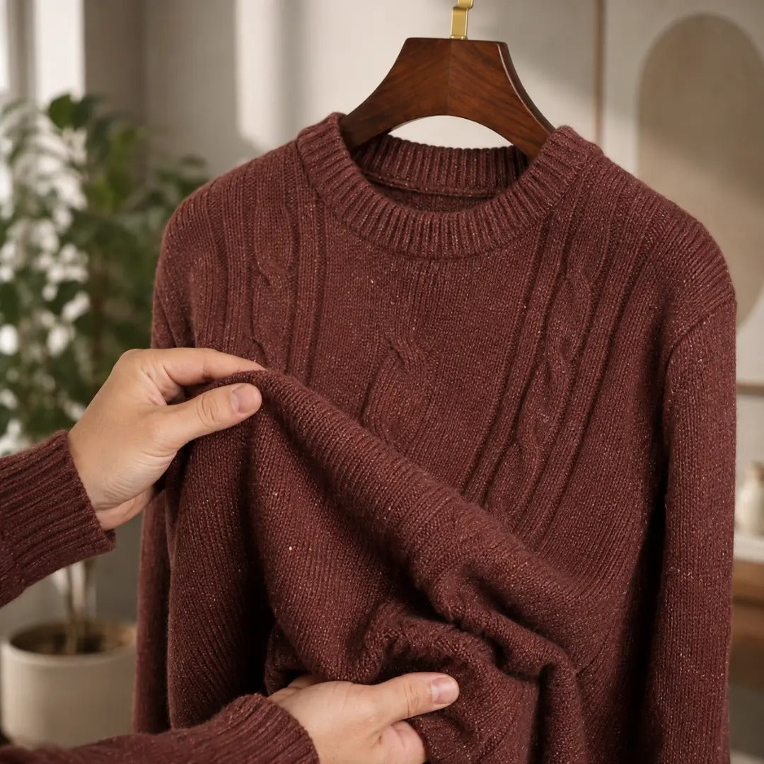 Men's Brown Cable-Knit Crewneck Sweater