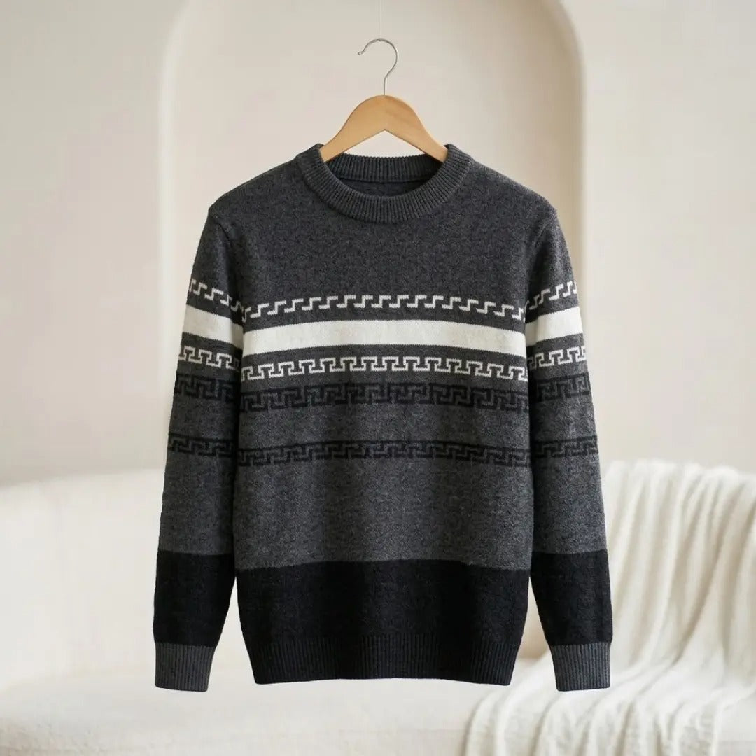 Geometric Greek-Key Pattern Crew Neck Sweater