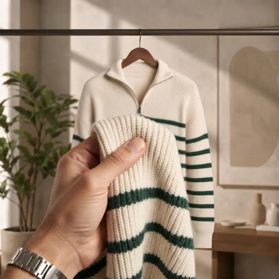 Men's Striped Quarter-Zip Ribbed Sweater