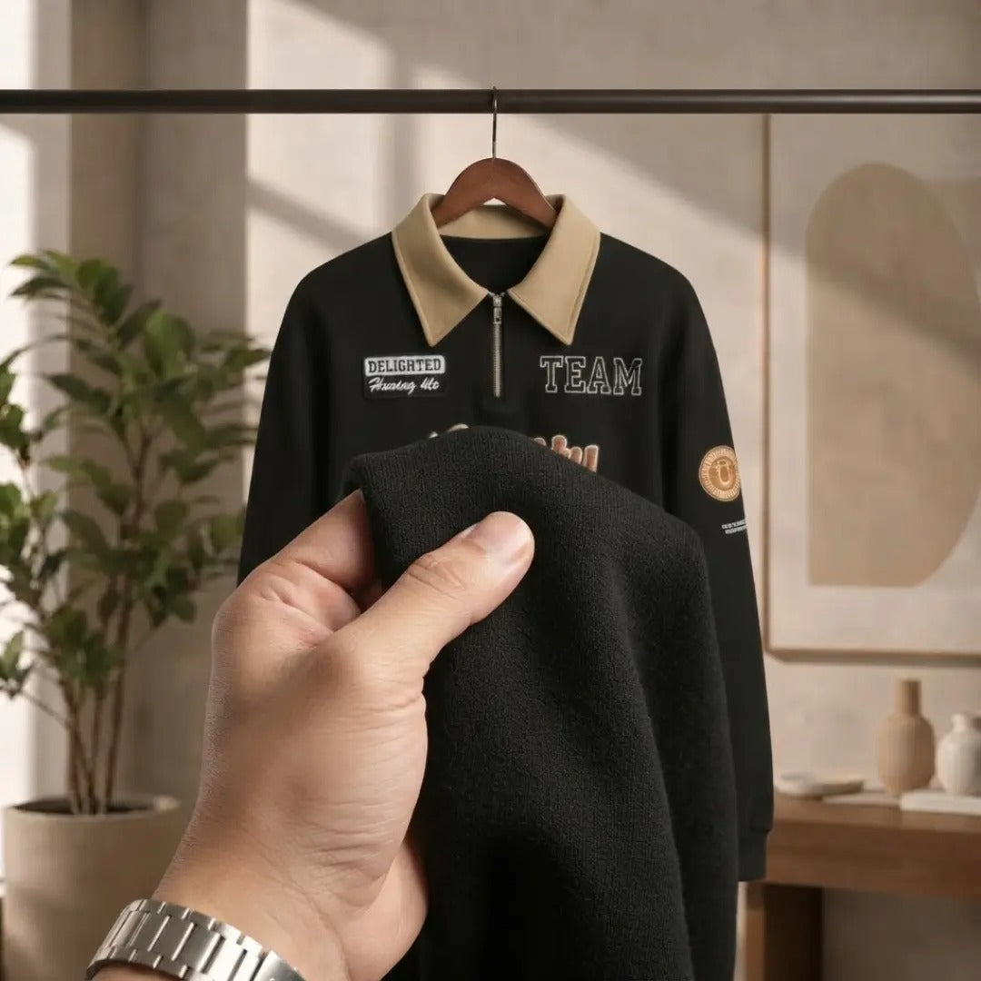 Men's Black and Khaki Varsity Quarter-Zip Sweatshirt