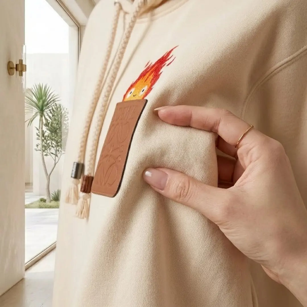 Calcifer Graphic Leather-Pocket Cream Hoodie
