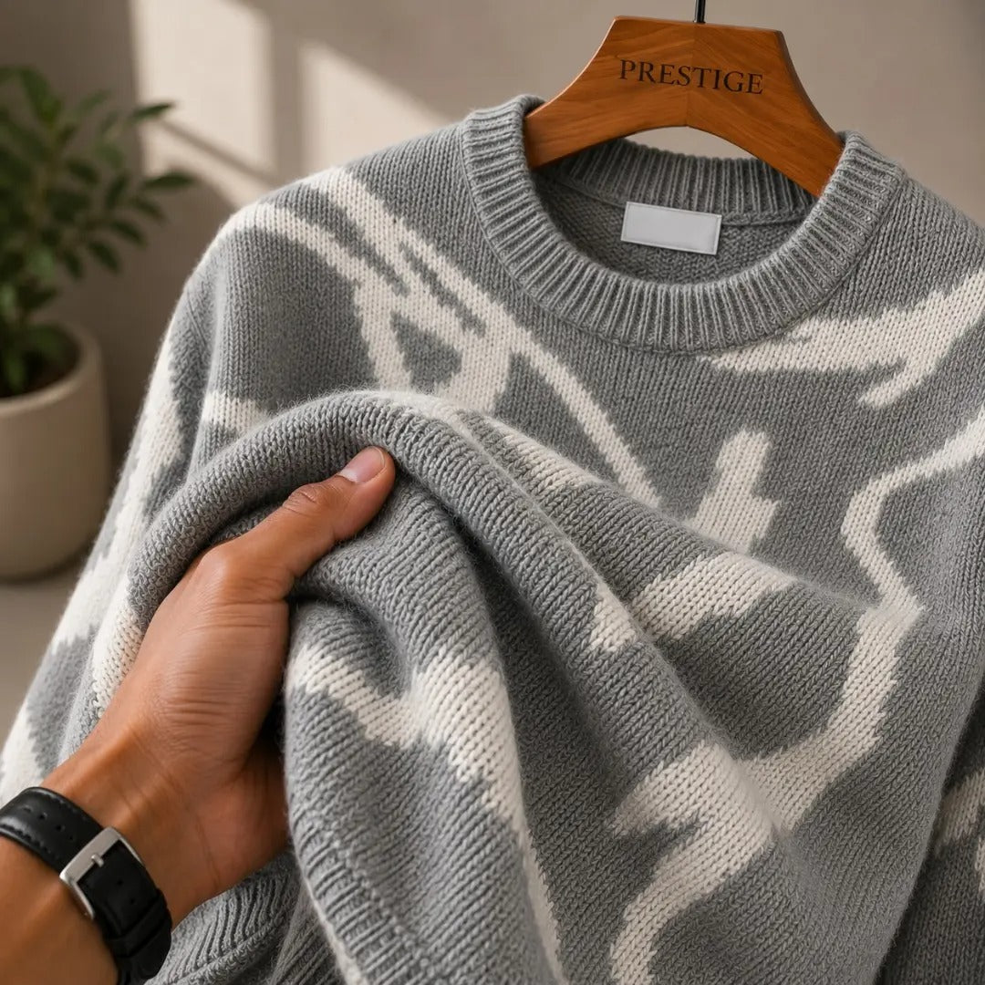 Abstract Brushstroke Intarsia Crew Neck Sweater