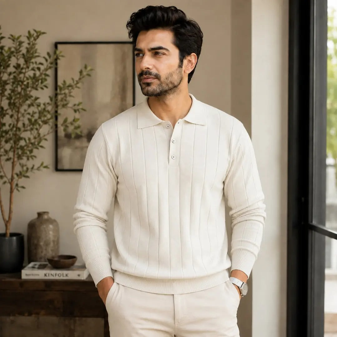 Classic Ribbed Knit Long-Sleeve Polo Sweater