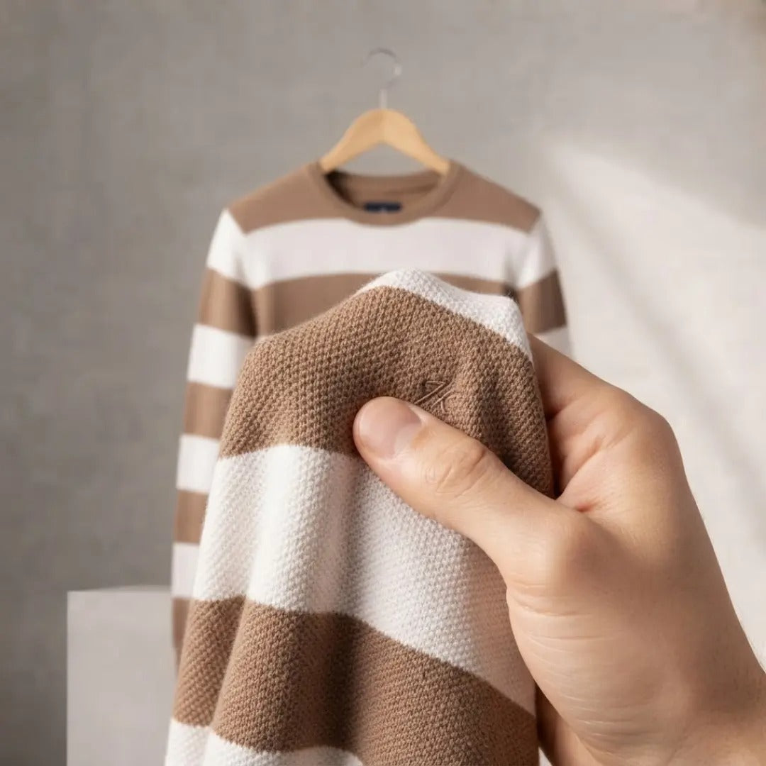 Men's Brown and White Striped Crewneck Sweater