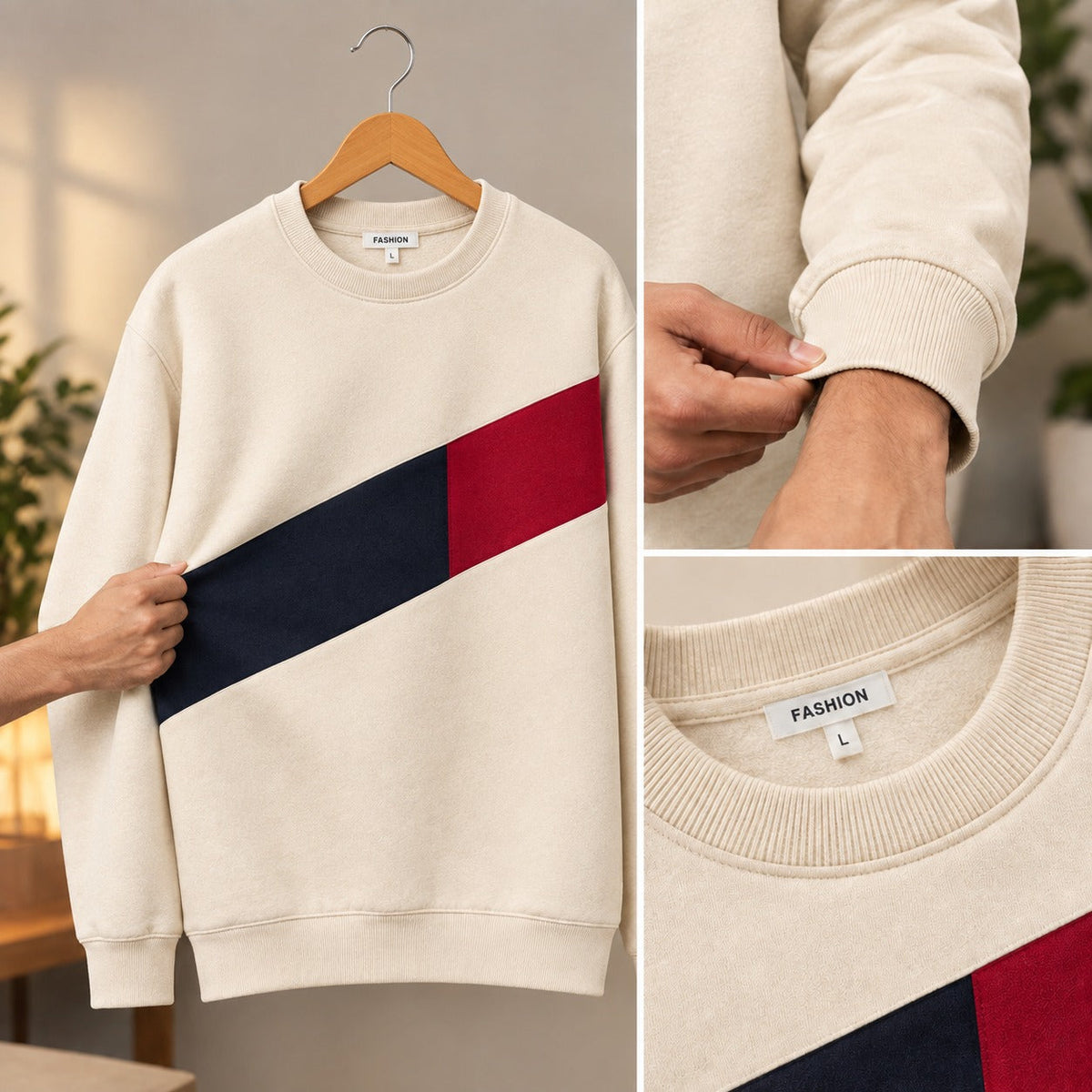 Men’s Cream & Navy Red Diagonal Color Block Sweatshirt