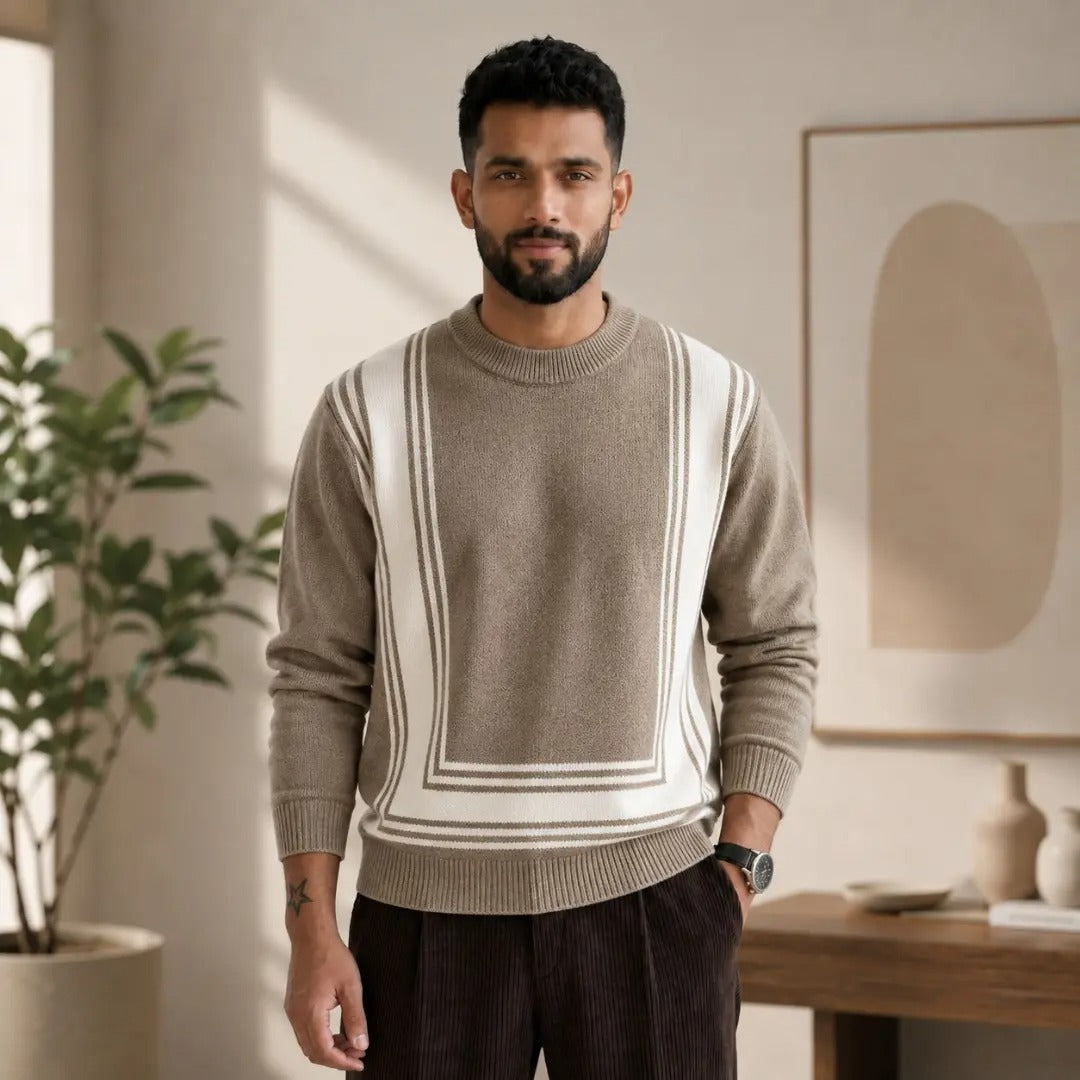 Framed Stripe Panel Crew Neck Sweater