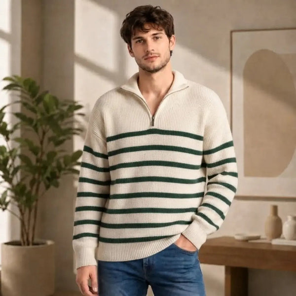 Men's Striped Quarter-Zip Ribbed Sweater