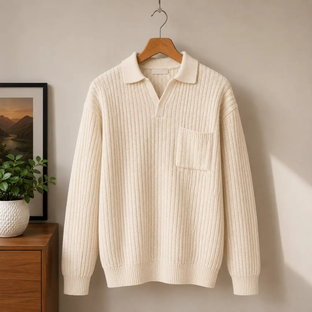 Men's Off-White Ribbed Polo Sweater