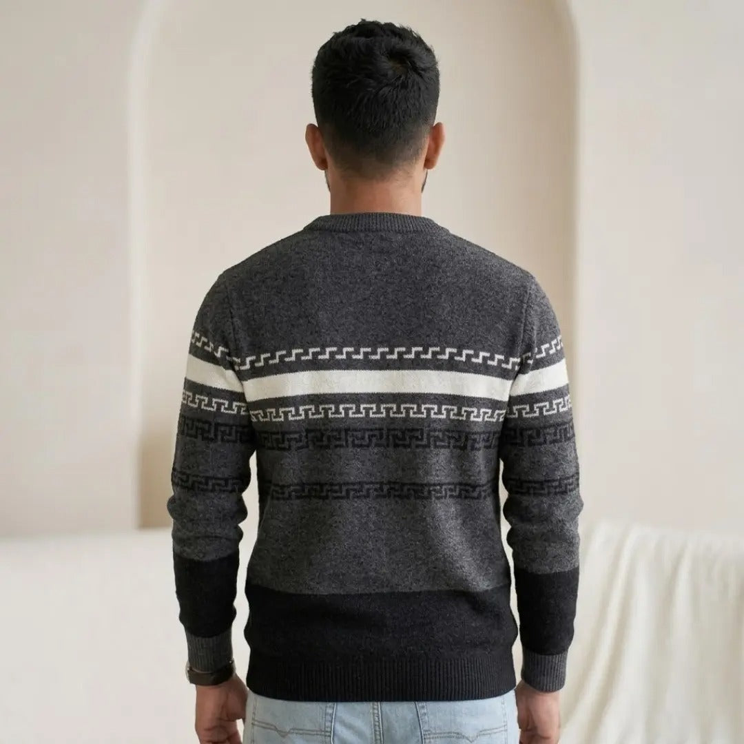 Geometric Greek-Key Pattern Crew Neck Sweater