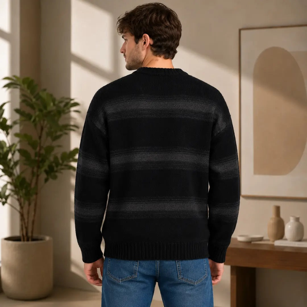 Men's Black and Gray Striped Crewneck Sweater
