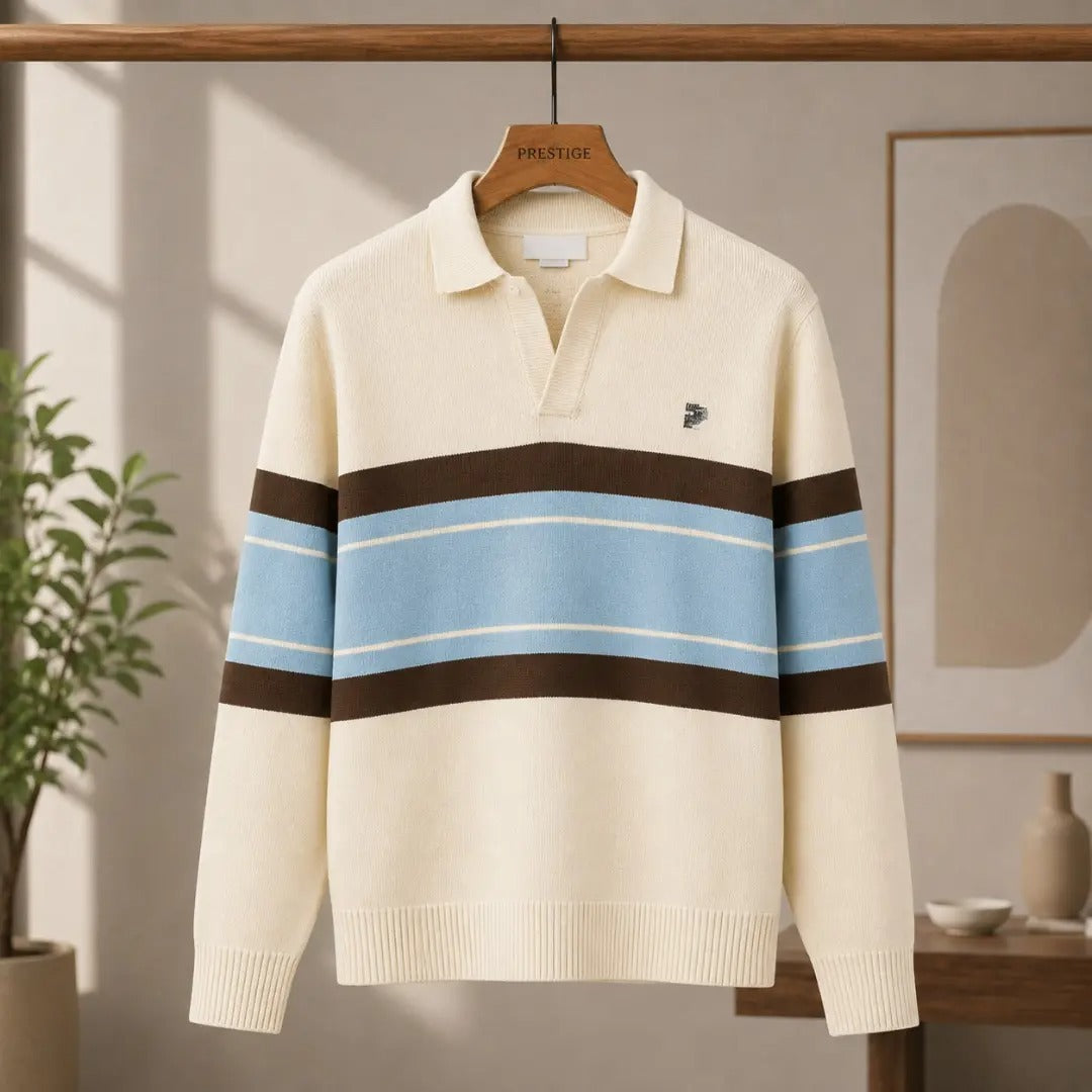 Colorblock Striped Knit Polo Sweater