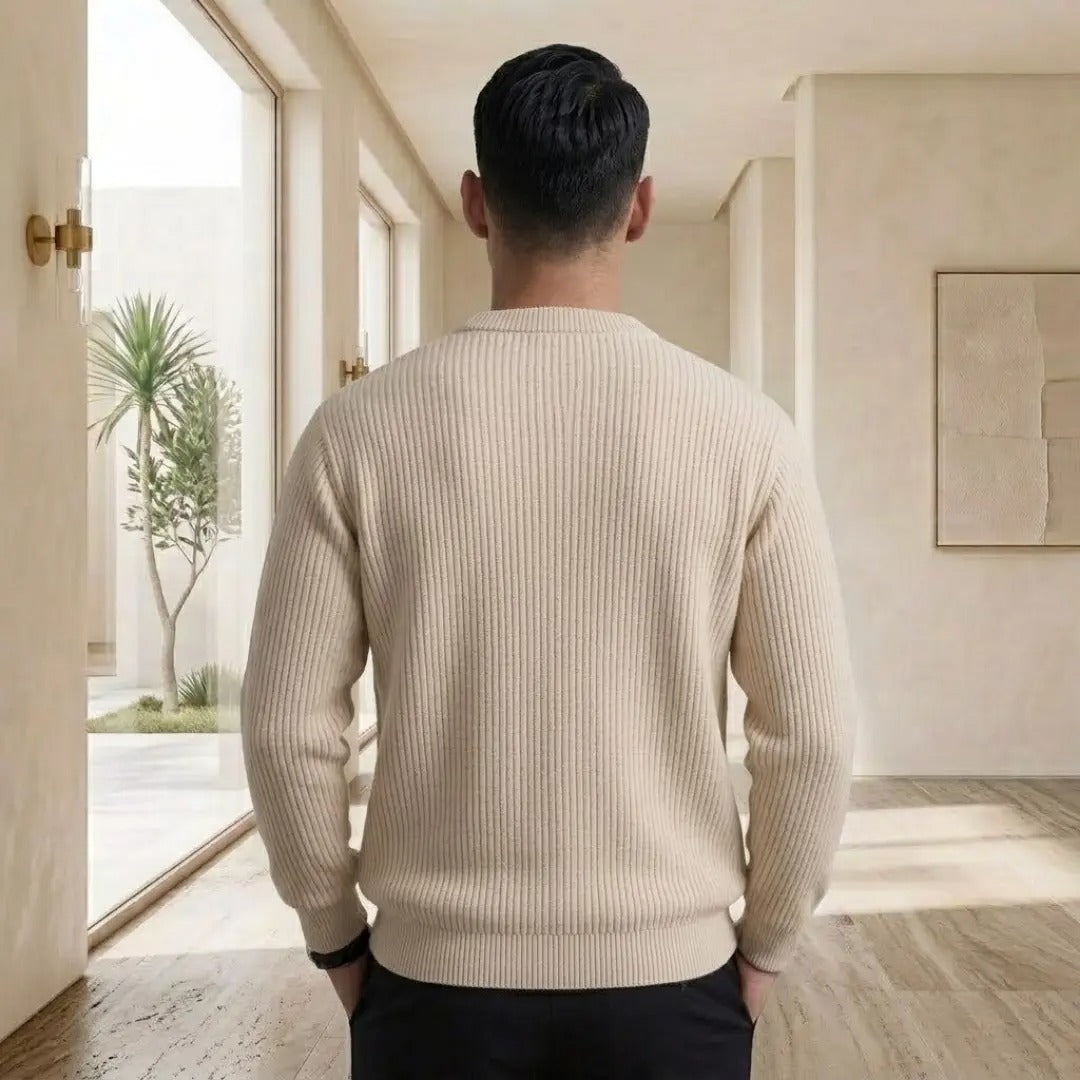 Color-Block Paneled Ribbed Knit Crew Neck Sweater