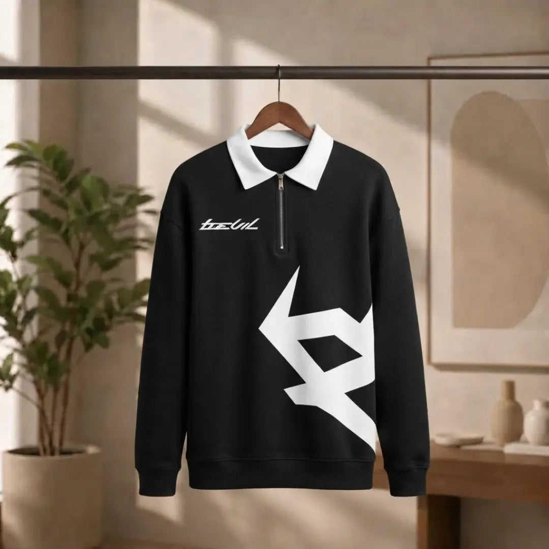 Men's Black and White Quarter-Zip Sweatshirt with Graphic