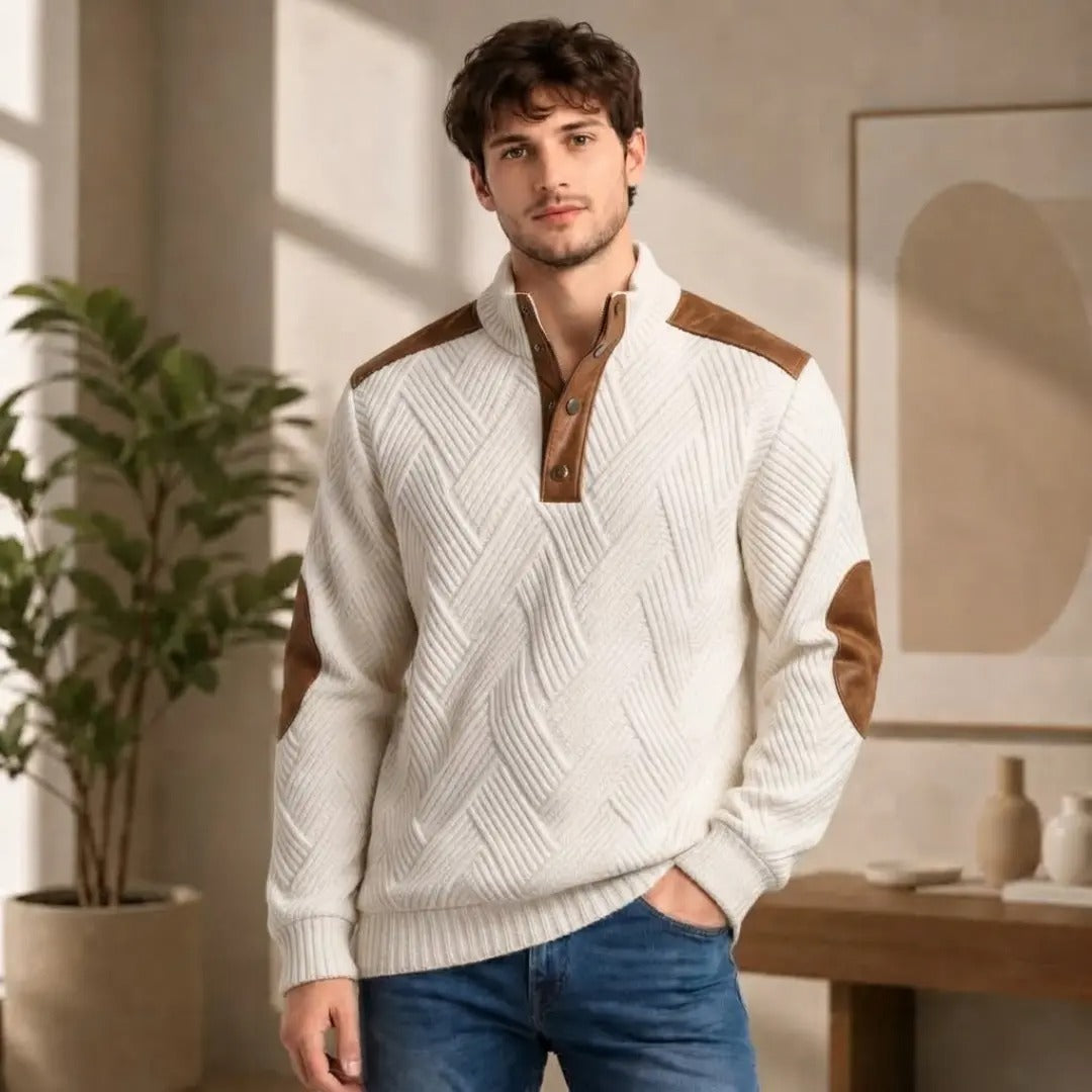 Men's Off-White Textured Pullover with Suede Patches