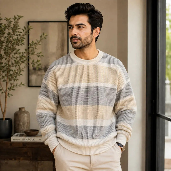 Multi-Tone Striped Knit Crew Neck Sweater