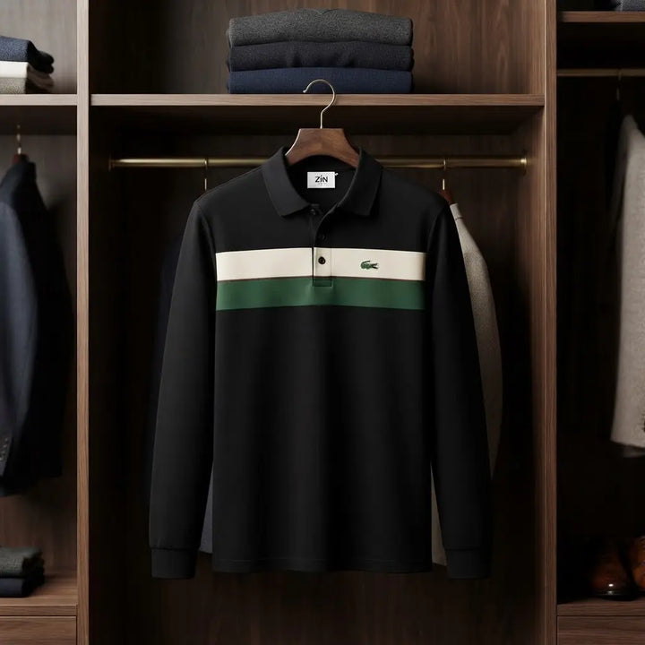 Black Long-Sleeve Polo Shirt with Cream and Green Chest Stripes