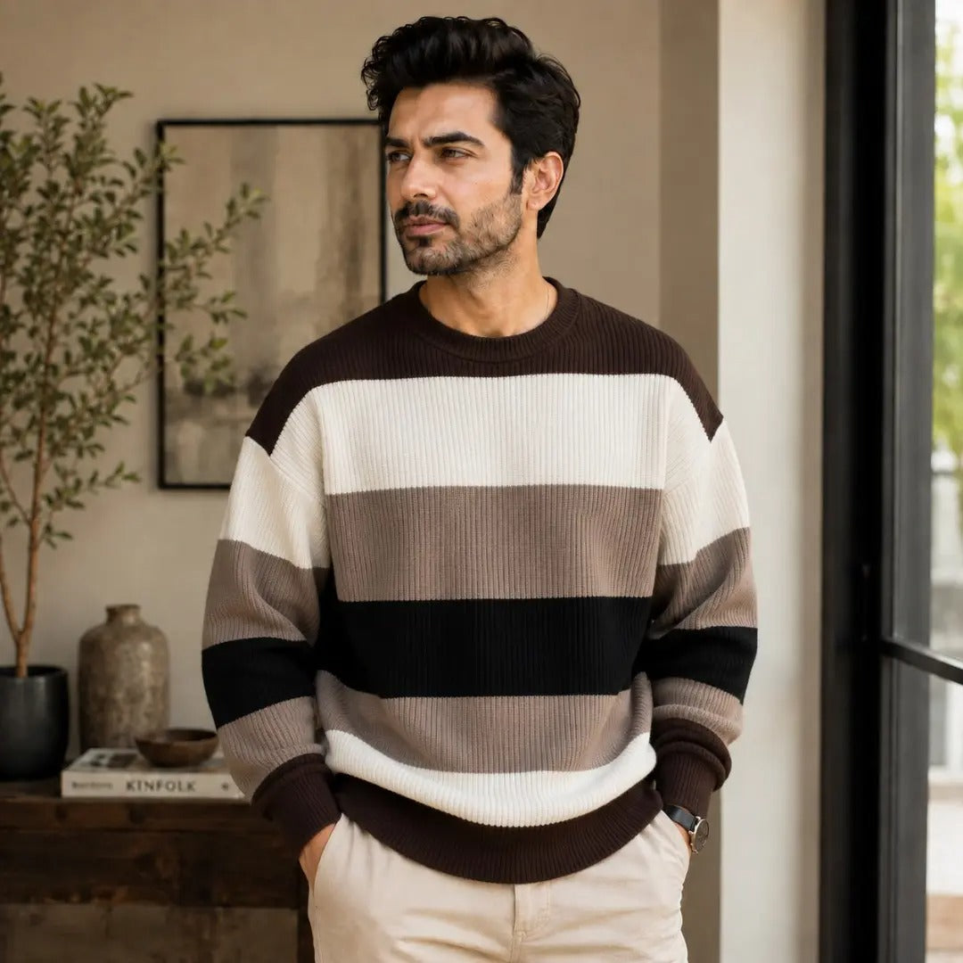 Color-Block Striped Knit Crew Neck Sweater