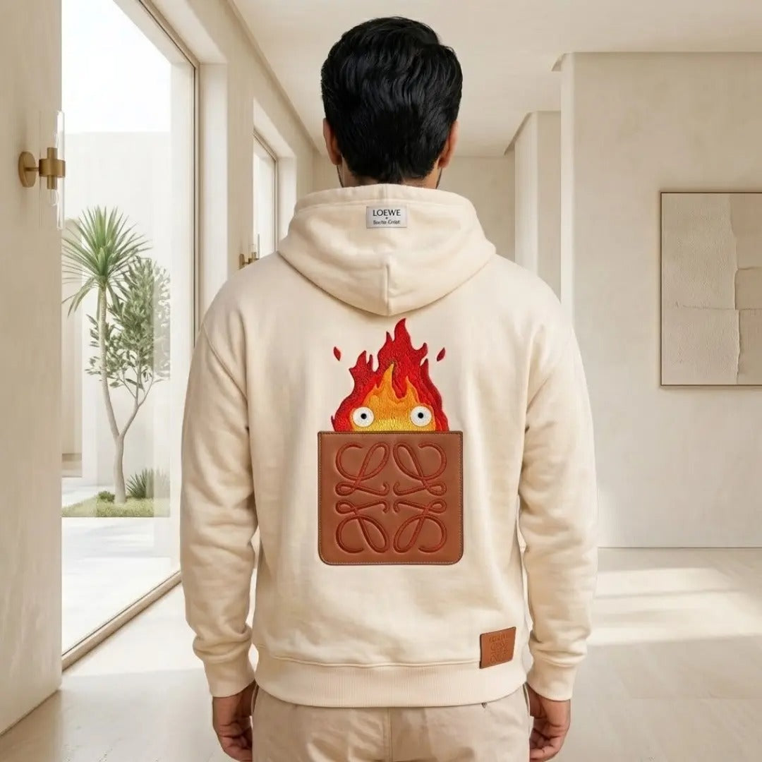 Calcifer Graphic Leather-Pocket Cream Hoodie
