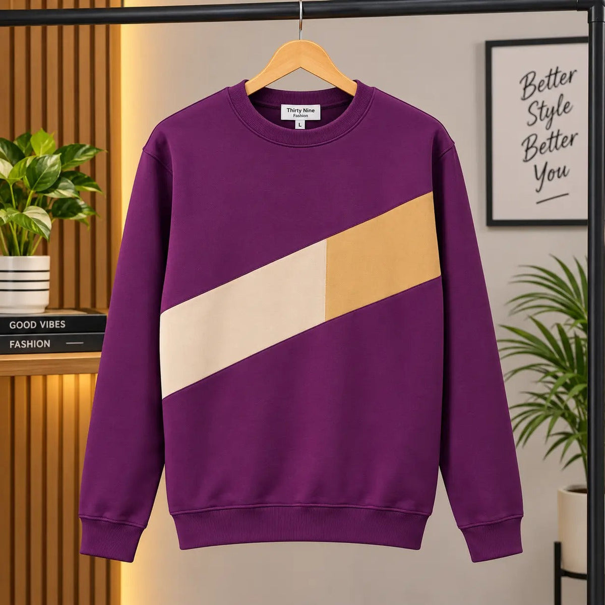 Men’s Cream & Navy Red Diagonal Color Block Sweatshirt