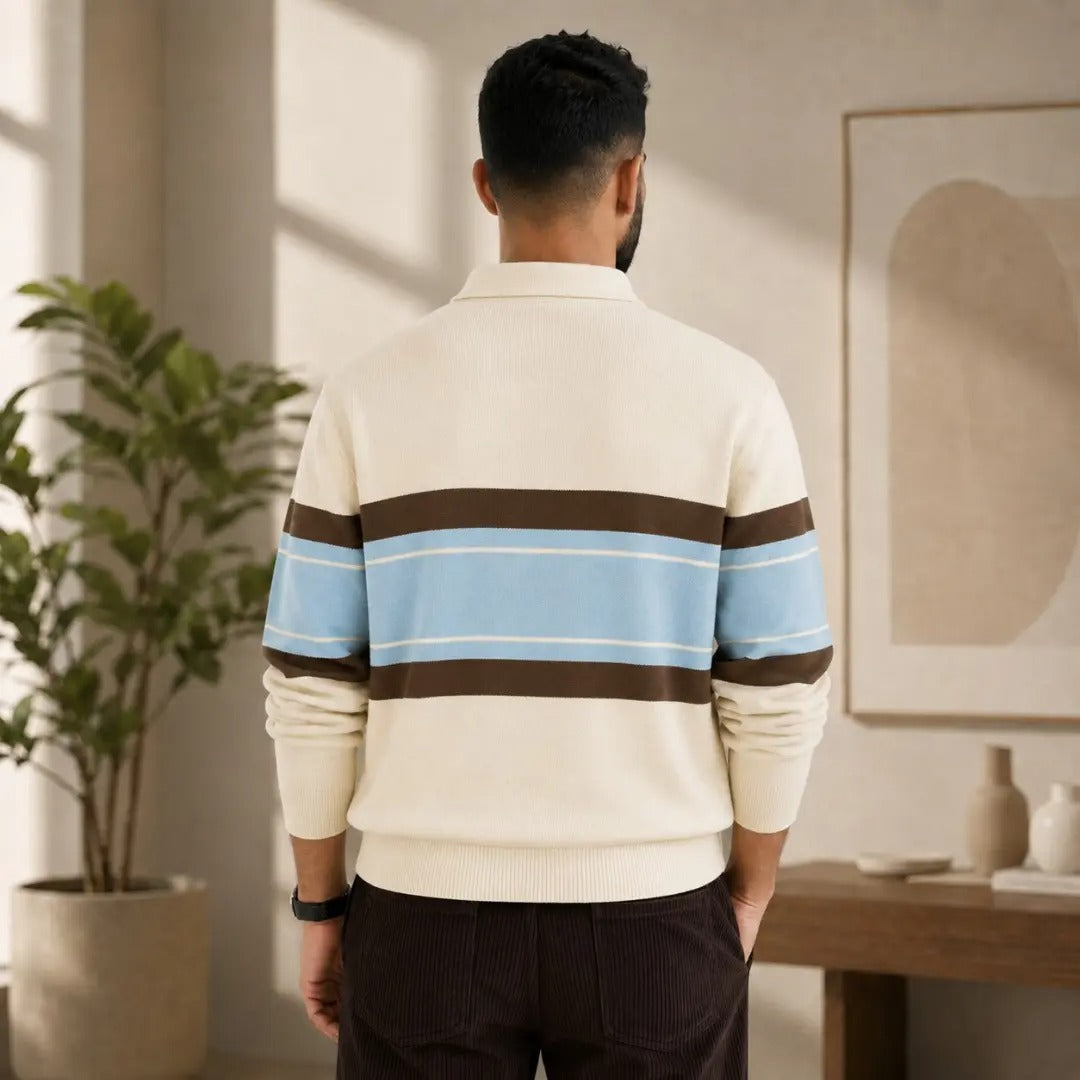 Colorblock Striped Knit Polo Sweater