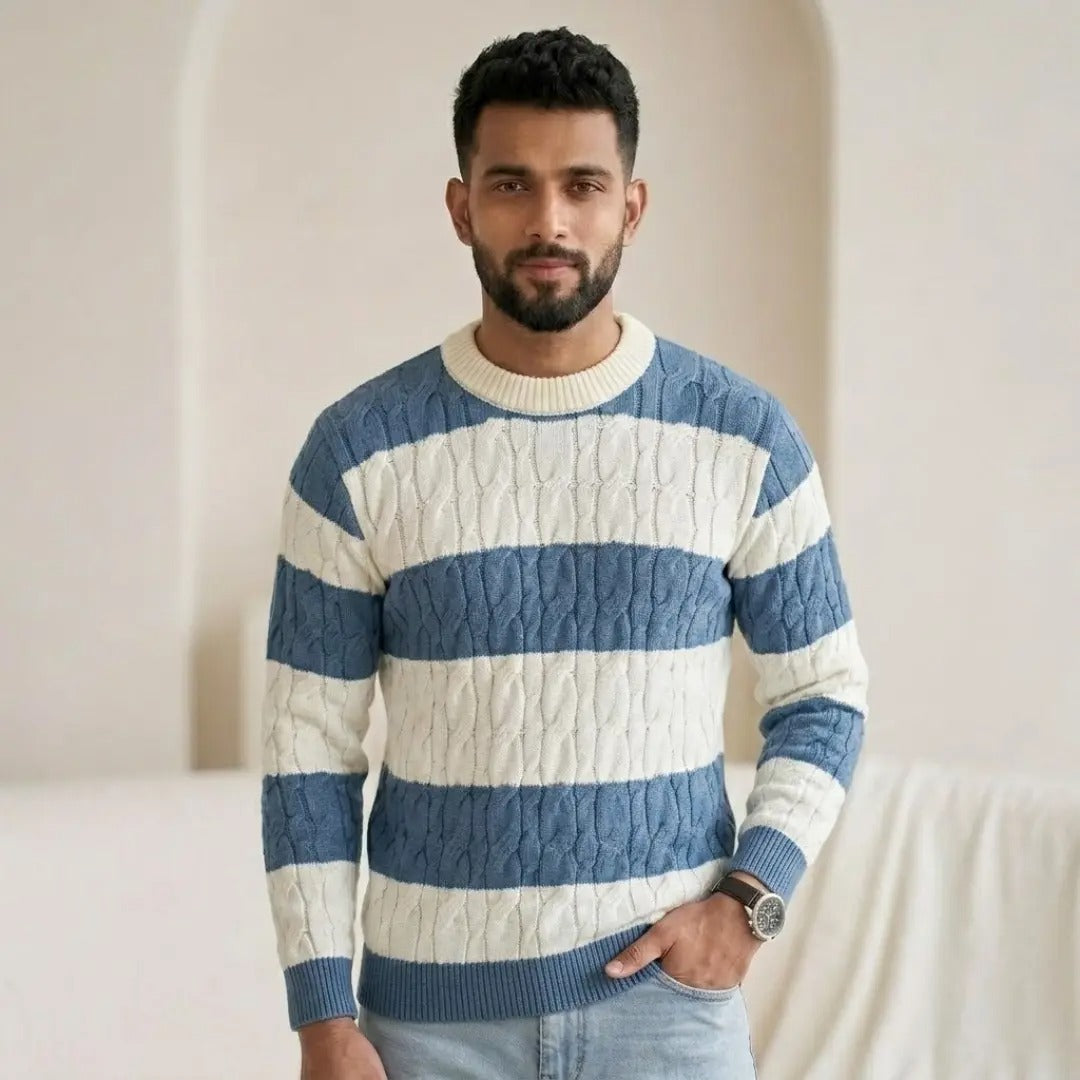 Cable-Knit Striped Crew Neck Sweater