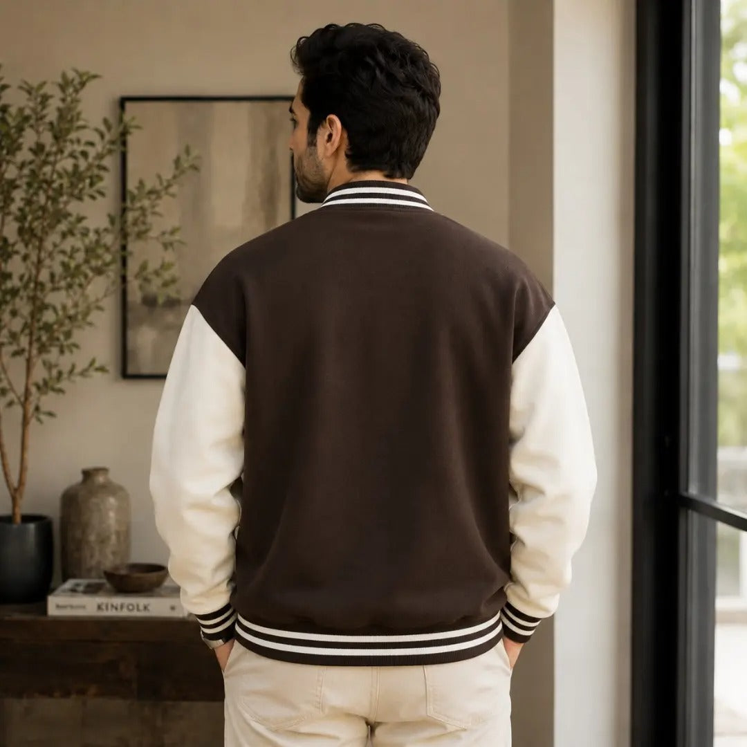 Brown & Off-White Color-Block Varsity Jacket