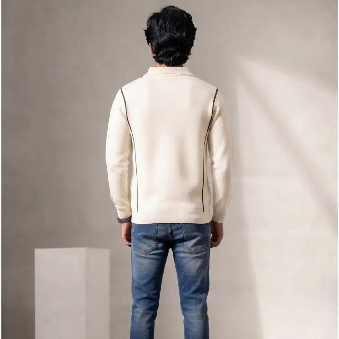 Men's Off-White Quarter-Zip Sweater with Piping