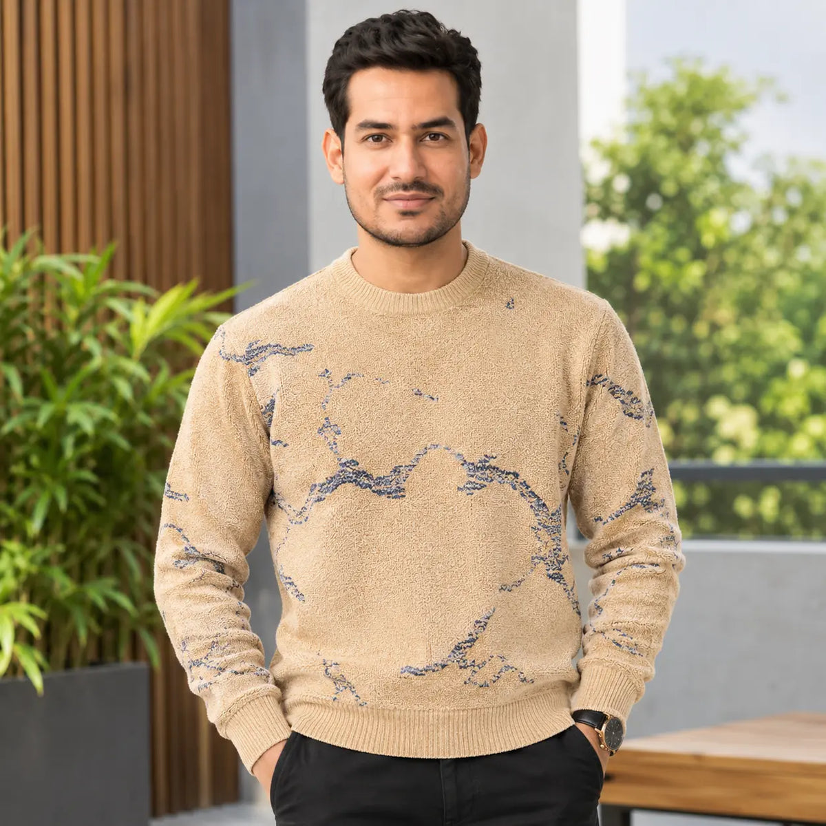 Men’s Beige Printed Crew Neck Sweater