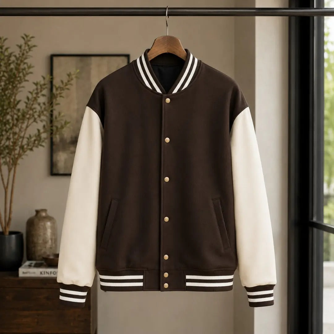 Brown & Off-White Color-Block Varsity Jacket
