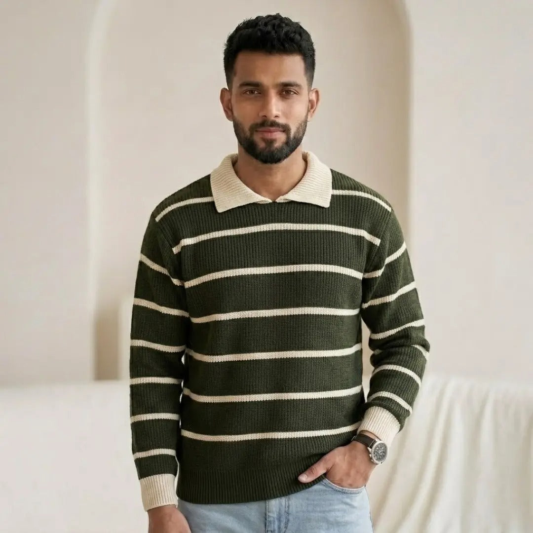 Striped Ribbed Knit Polo Sweater