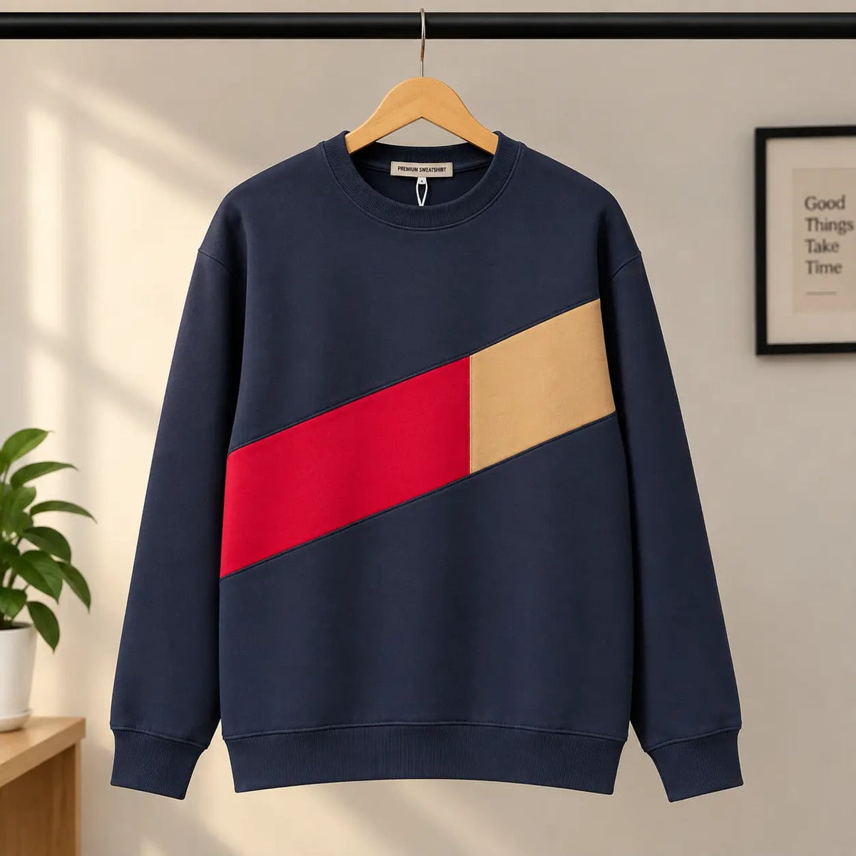 Men’s Cream & Navy Red Diagonal Color Block Sweatshirt