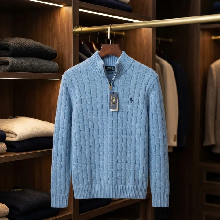 Men's Light Blue Cable-Knit Quarter-Zip Sweater