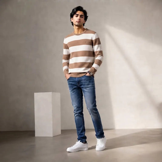 Men's Brown and White Striped Crewneck Sweater