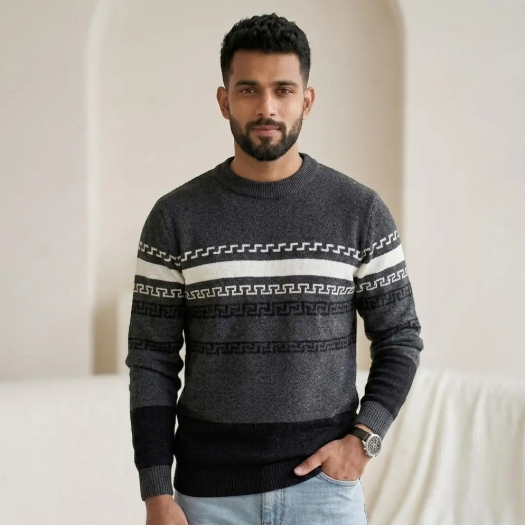 Geometric Greek-Key Pattern Crew Neck Sweater