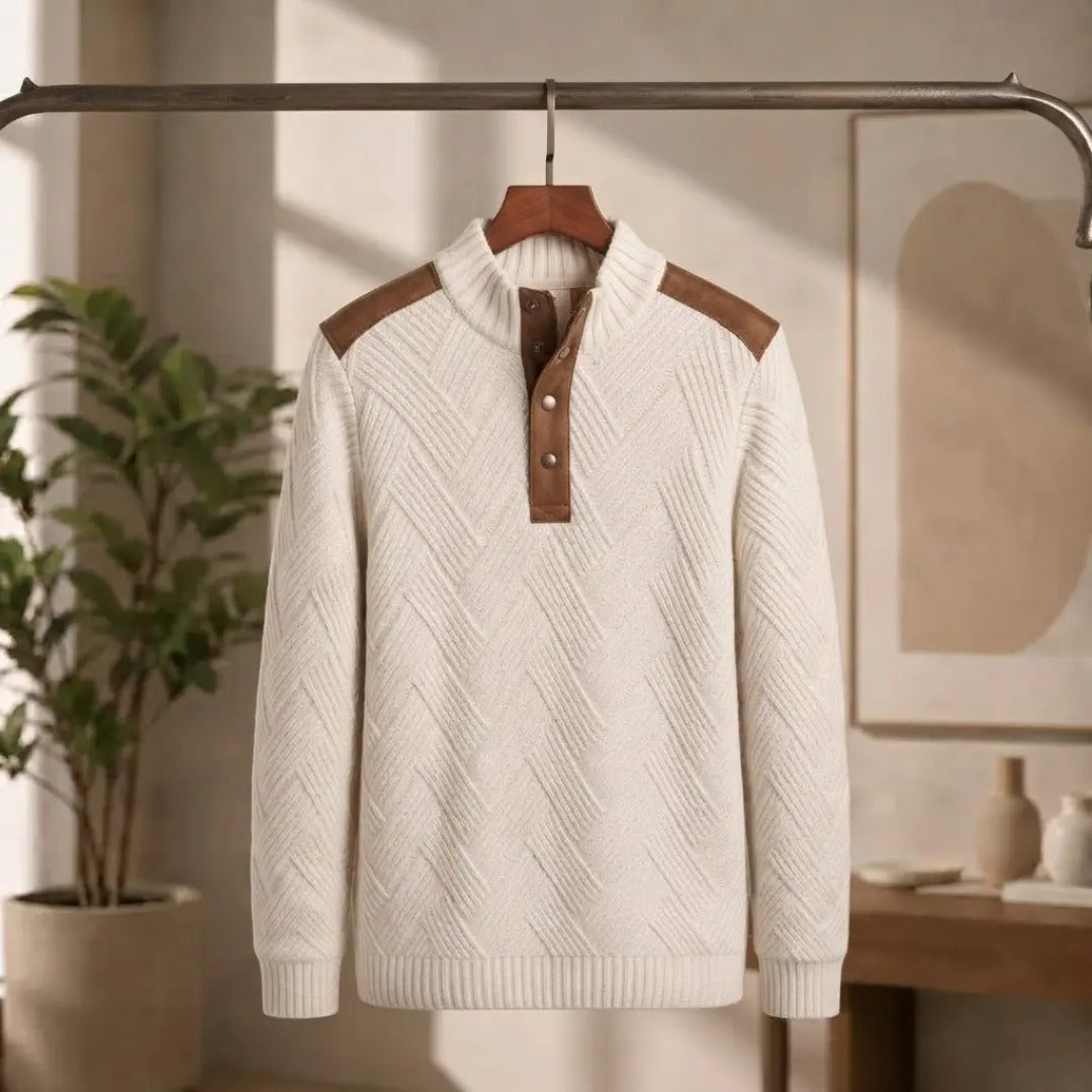 Men's Off-White Textured Pullover with Suede Patches