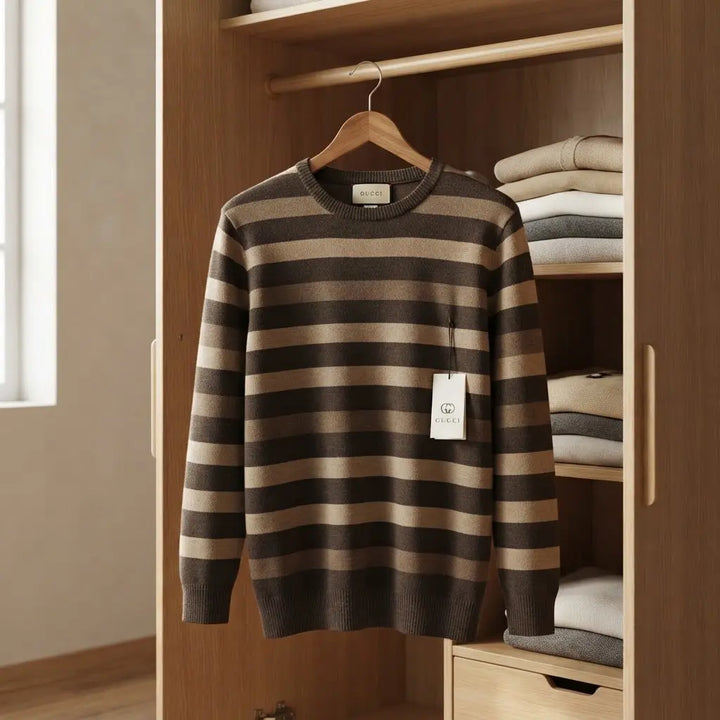 Brown and Beige Horizontal Striped Crew-Neck Knitted Shirt