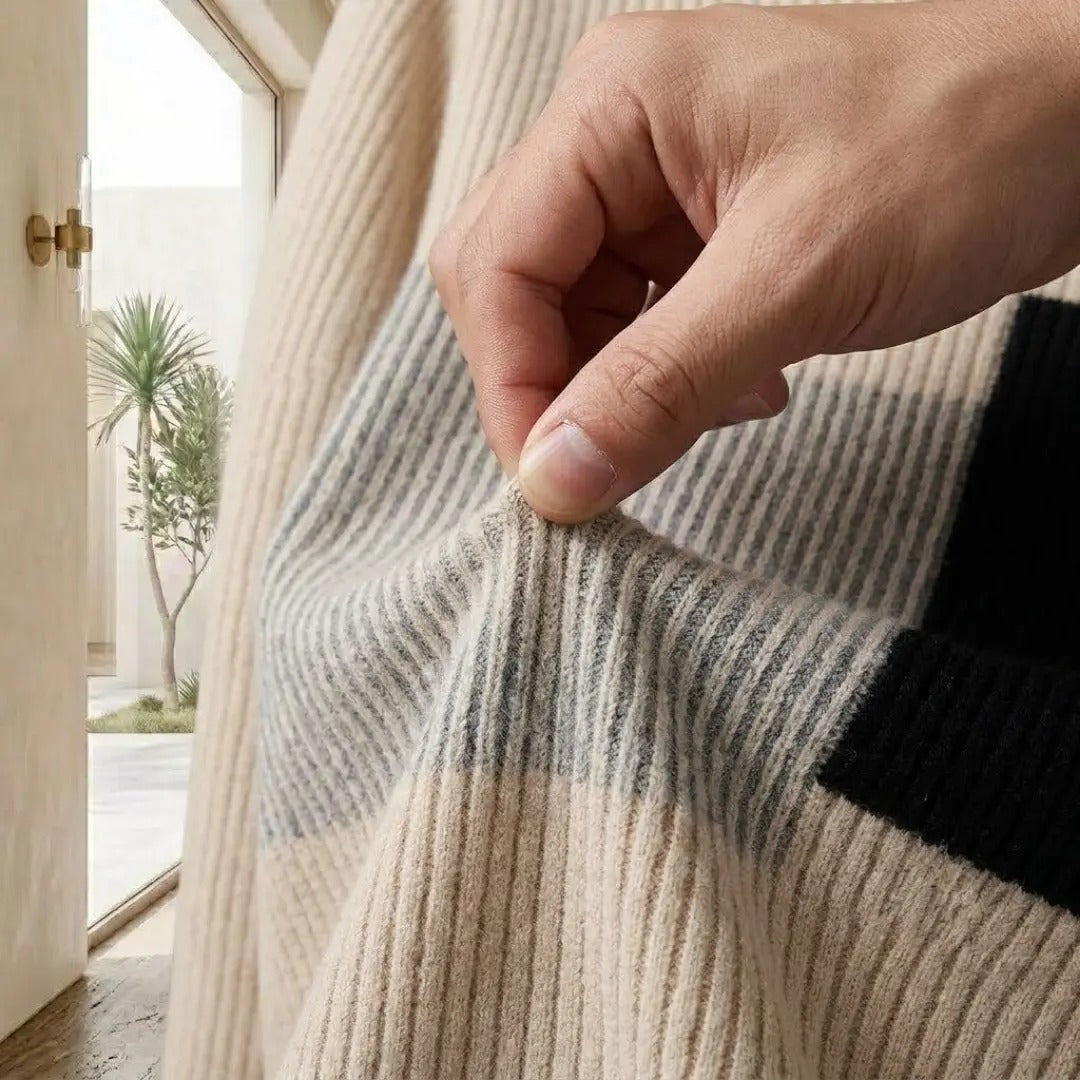 Color-Block Paneled Ribbed Knit Crew Neck Sweater