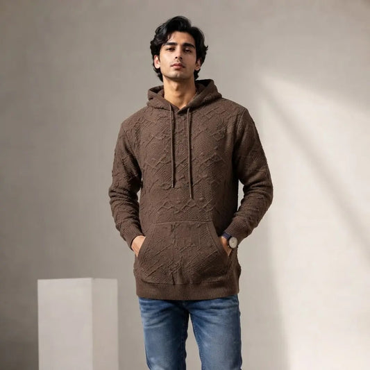 Men's Textured Brown Knit Hoodie