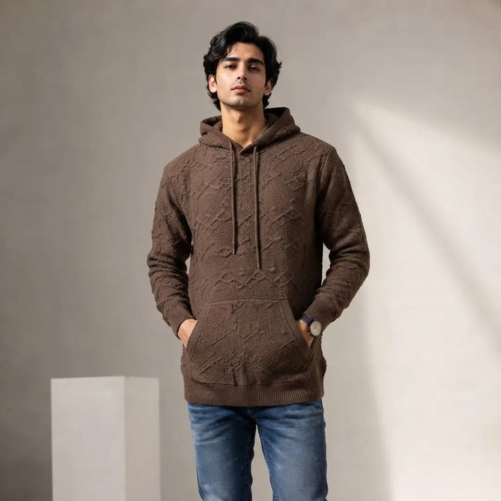 Men's Textured Brown Knit Hoodie