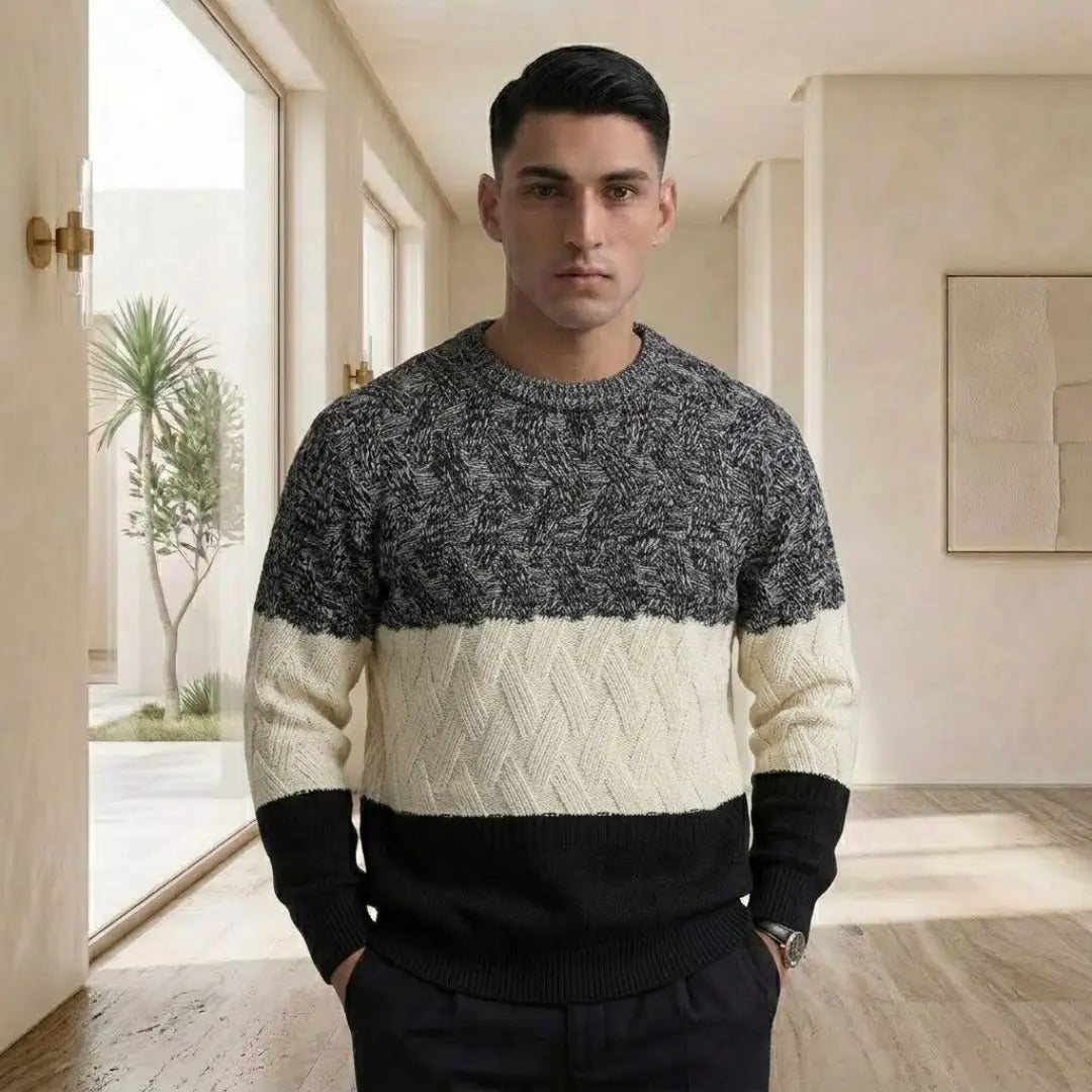 Textured Color-Block Striped Crew Neck Sweater