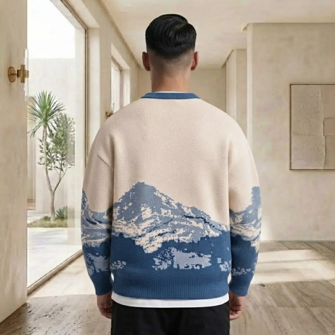 Mountain Landscape Knit Crew Neck Sweater