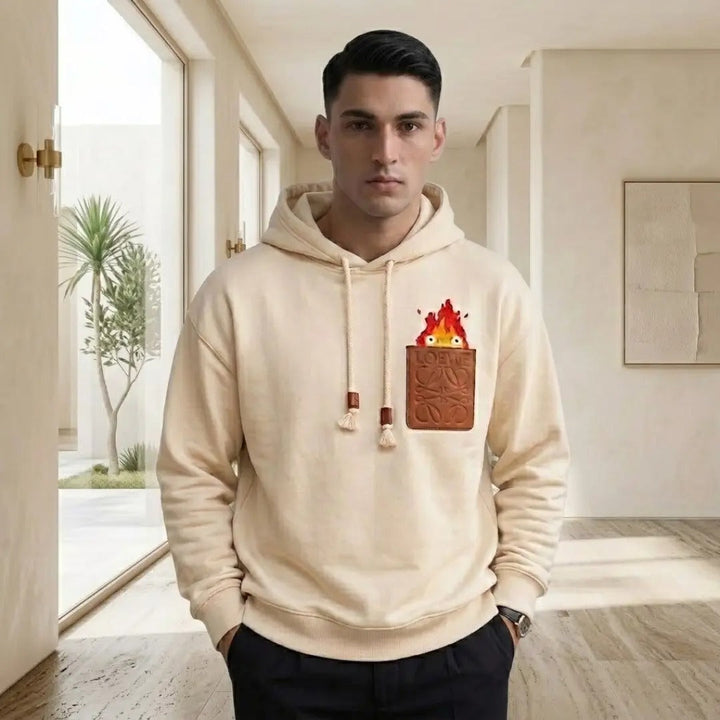 Calcifer Graphic Leather-Pocket Cream Hoodie