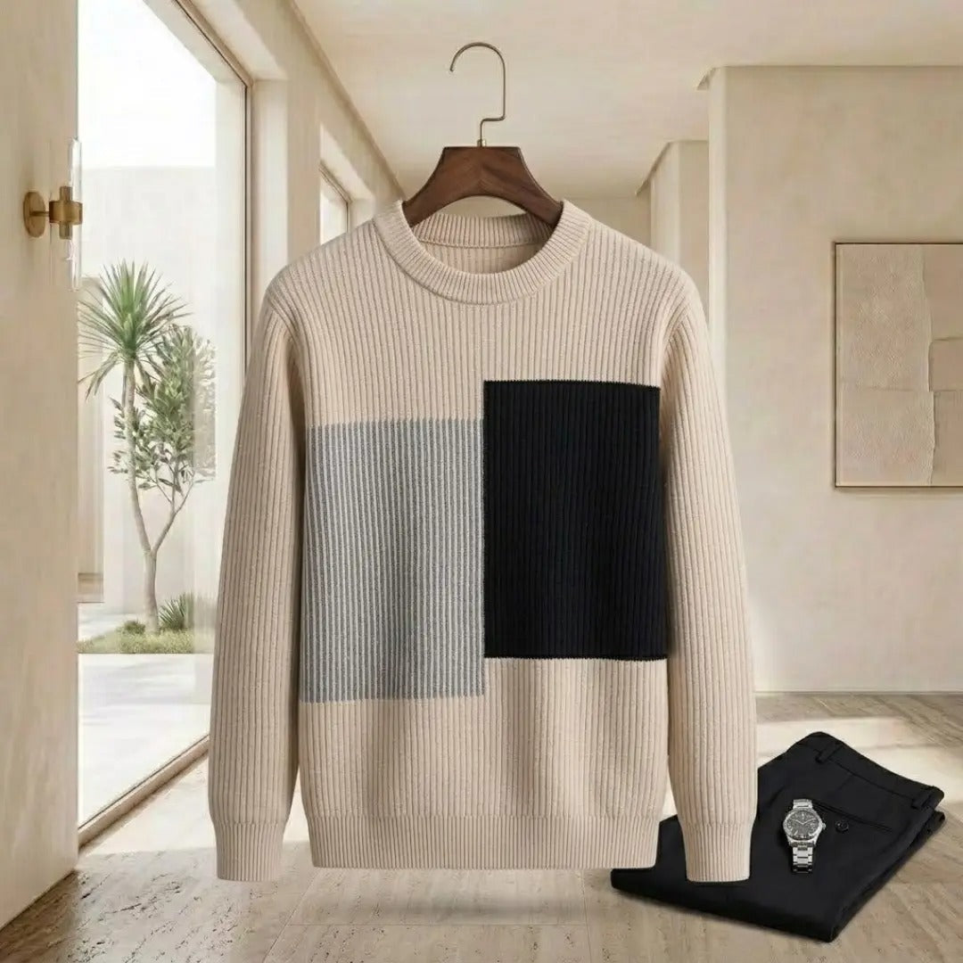 Color-Block Paneled Ribbed Knit Crew Neck Sweater