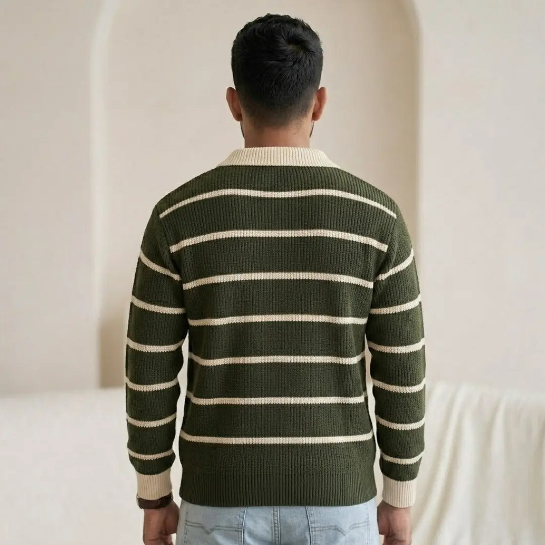 Striped Ribbed Knit Polo Sweater