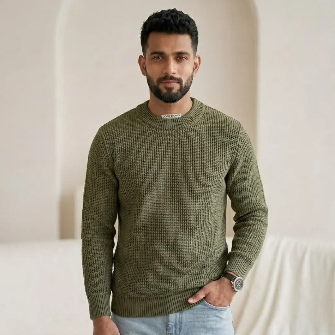Waffle-Knit Olive Crew Neck Sweater
