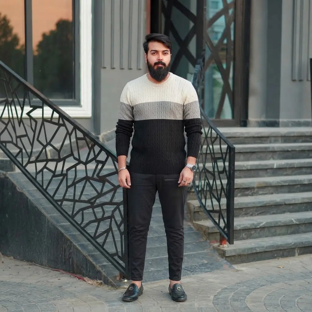 Men’s Tri-Color Cable-Knit Jumper