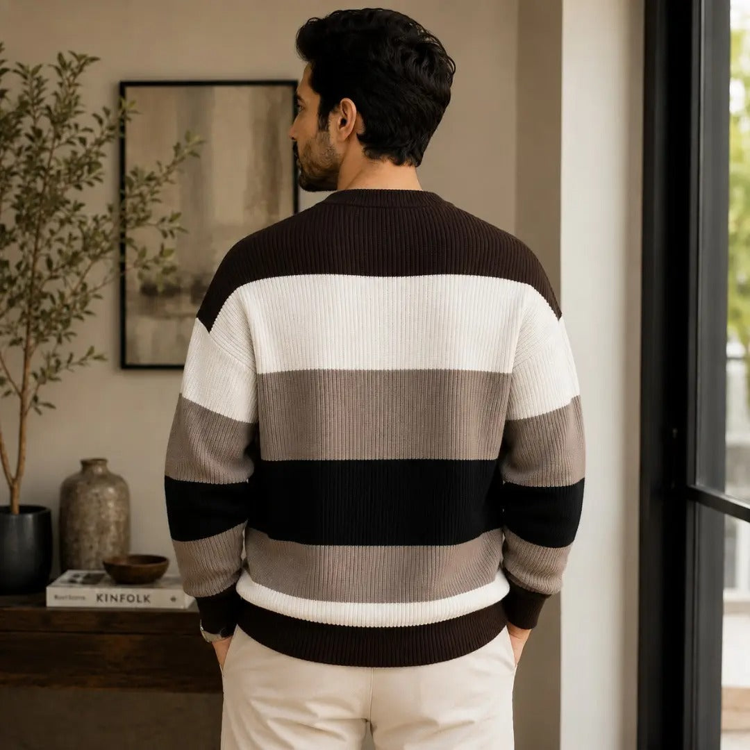 Color-Block Striped Knit Crew Neck Sweater