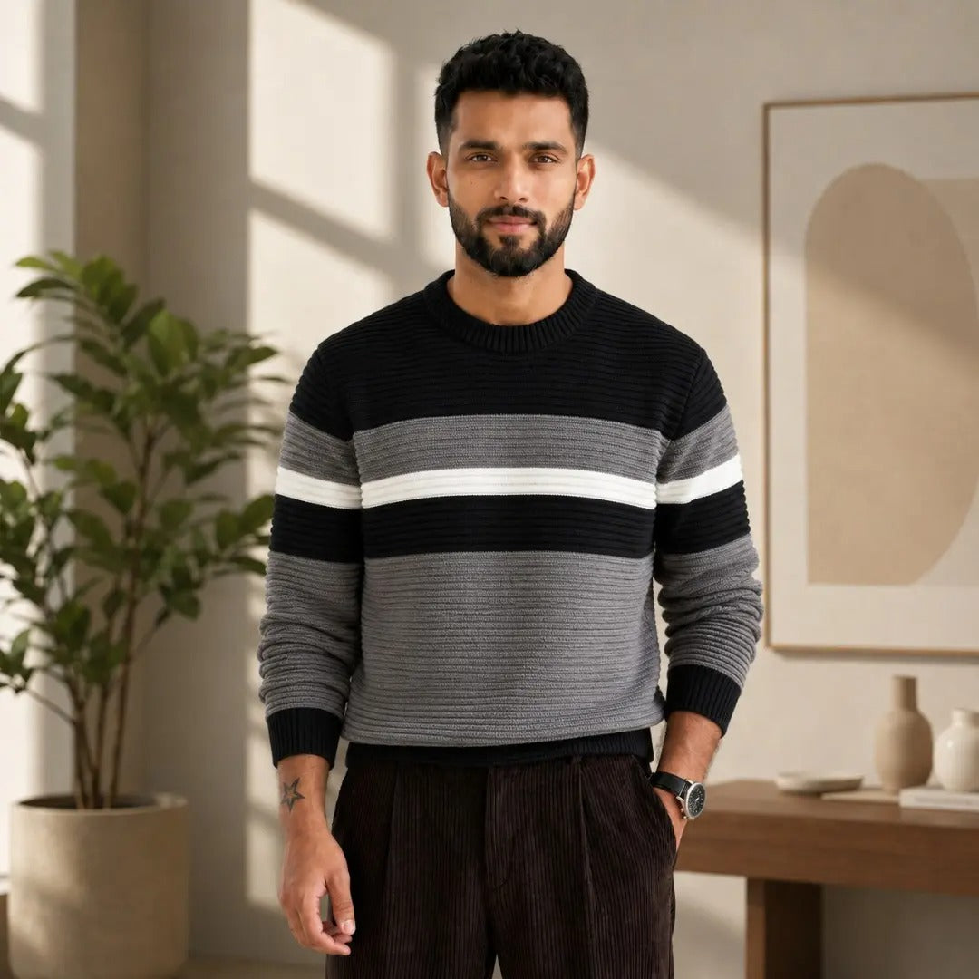 Ribbed Striped Crew Neck Sweater